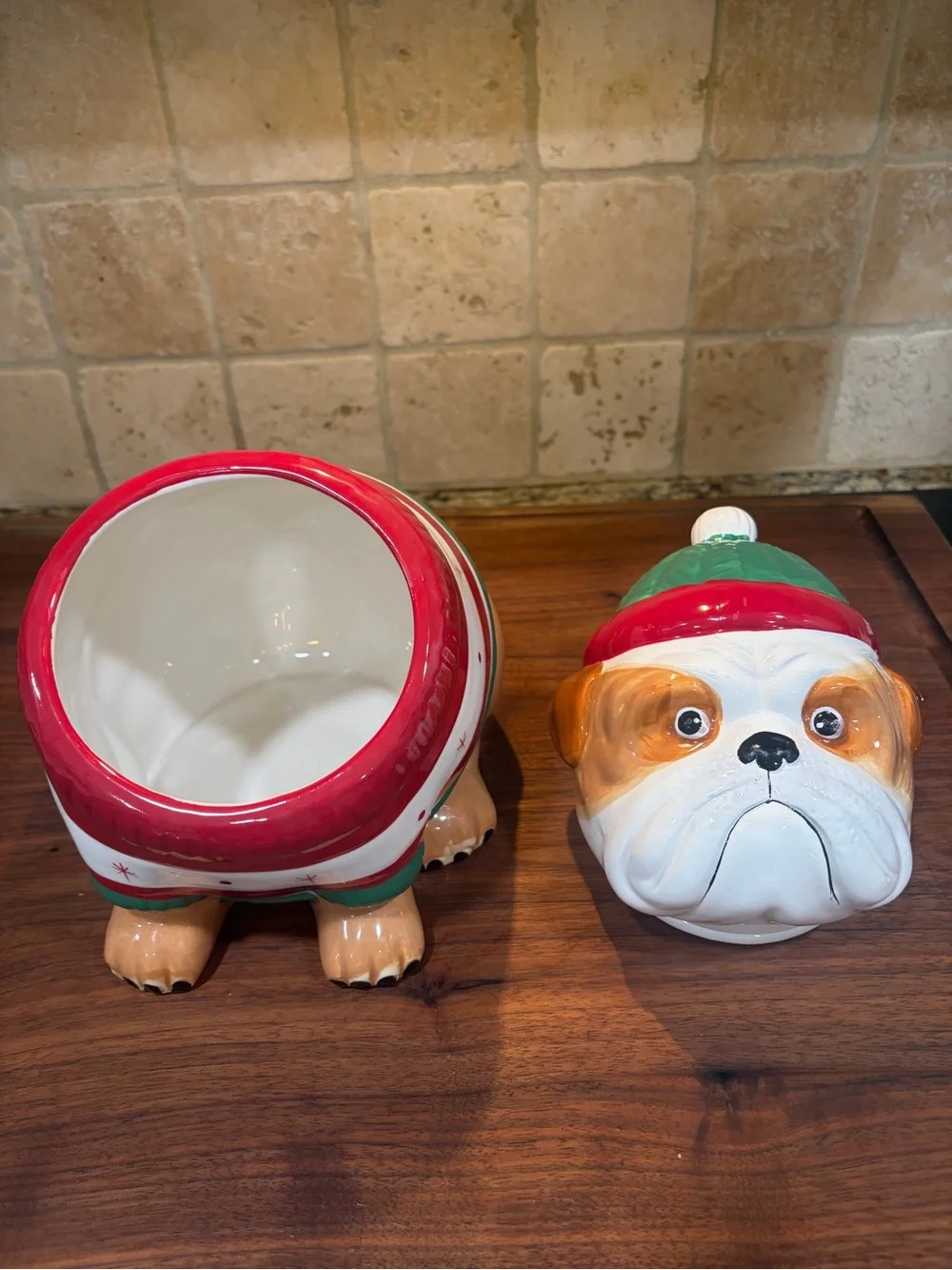 Holiday Bulldog Ceramic Cookie Jar - Red, Green, White